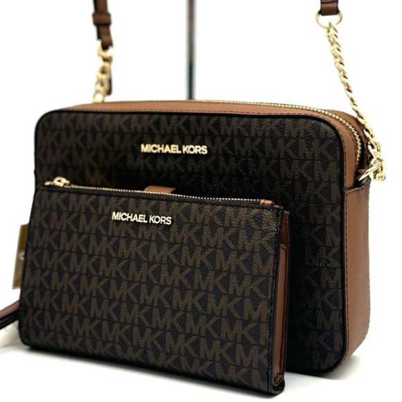 Michael Kors Large EW Crossbody Bag w Matching Double Zip Wallet Set Brown